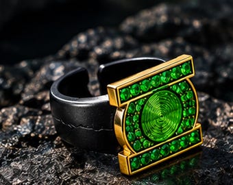 Green Superhero Power Ring, Adjustable Silver Tone Ring, Comic Inspired Cosplay Jewelry, Green Emblem Statement Ring, Fan Gift