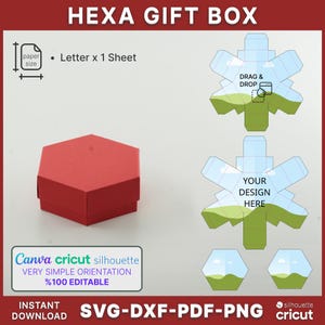 May include: A red hexagonal gift box with a matching lid sits next to a diagram of the box's design. The diagram shows the box's flat, unfolded form with areas for customization. Text on the image includes "HEXA GIFT BOX" and "SVG-DXF-PDF-PNG".