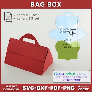 Puede incluir: Una caja de bolsa de papel roja con asa, mostrada en una vista 3D. La imagen también incluye un diagrama del diseño de la caja de la bolsa, con instrucciones para arrastrar y soltar un diseño. El texto incluye "BAG BOX", "SVG-DXF-PDF-PNG" y "Canva cricut silhouette".