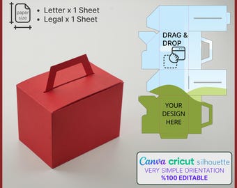 May include: A red mini transport box with a handle. The image includes a diagram for assembly and the text "Mini Transport Box", "Drag & Drop", "Your Design Here", and "Canva cricut silhouette". The design is 100% editable.