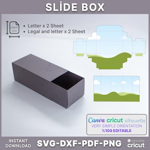 May include: A dark gray slide box with a matching lid, shown partially open. The image includes a diagram of the box's design, along with the text "SLIDE BOX", "Canva cricut silhouette", and "SVG-DXF-PDF-PNG".