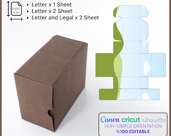 May include: A brown lock box with a cut-out on the side, next to a flat, unfolded box design with green and blue sections. Text includes "LOCK BOX", "Letter x 1 Sheet", "Letter x 2 Sheet", "Letter and Legal x 2 Sheet", and "SVG-DXF-PDF-PNG".