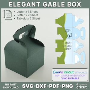 Może przedstawiać: Ciemnozielone pudełko Gable z uchwytem, obok schematu montażu. Schemat przedstawia projekt z tekstem "Drag & Drop" i "Your Design Here". Tekst "Elegant Gable Box" znajduje się na górze, a "Instant Download SVG-DXF-PDF-PNG" na dole.