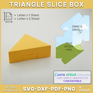 Puede incluir: Una caja de corte triangular amarilla con un diseño de plantilla. El diseño incluye el texto "TRIANGLE SLICE BOX", "DRAG & DROP" y "YOUR DESIGN HERE". La caja está diseñada para papel tamaño carta y está disponible para descarga instantánea en formatos SVG, DXF, PDF y PNG.