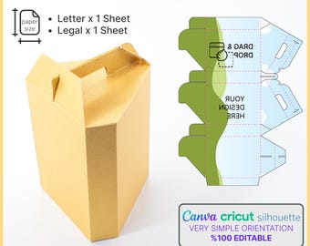 May include: A gold-colored Vault Carry Box with a handle, shown assembled and as a flat template. The design includes text: "Letter x 1 Sheet" and "Legal x 1 Sheet". The image also includes the text "Canva cricut silhouette VERY SIMPLE ORIENTATION %100 EDITABLE".