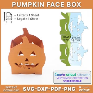 Può includere: Una scatola arancione a forma di faccia di zucca con occhi e bocca ritagliati. L'immagine include un modello per la scatola, con il testo "PUMPKIN FACE BOX", "DRAG & DROP", "YOUR DESIGN HERE" e "Canva cricut silhouette". La scatola è progettata per il download immediato nei formati SVG-DXF-PDF-PNG.