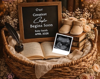 Annuncio di gravidanza per amanti dei libri / Inizia un nuovo capitolo / Modello digitale per la rivelazione del bebè / Design modificabile su Canva