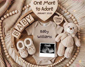 Plantilla de anuncio de embarazo "One More to Adore" / Anuncio de bebé editable en Canva para redes sociales / Descarga digital