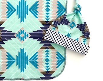 Blue Tribal Aztec Organic Cotton Swaddle Blanket, Navy Newborn Blanket + Hat, Modern Geometric Nursing Cover, Boy Stroller Blanket