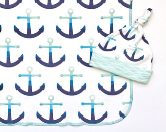Modern Anchor Organic Cotton Swaddle Blanket, Navy Newborn Blanket + Hat, Nautical Nursing Cover, Geometric Stroller Blanket, Baby Shower Gi