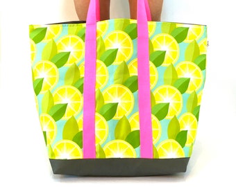 Lemons Waterproof Beach Bag, Large Fruit Carry All Tote, Big Wet Bag, Dry Pool Boat Bag, Modern Weekender Bag, Canvas Fold-able Travel Bag