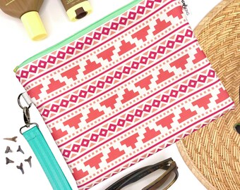 Pink Southwest Stripe Wet Bag, New Mexico Bikini Bag, Coral Waterproof Bikini Pouch, Vegan Zipper Pouch, Modern Geometric Recycled Clutch