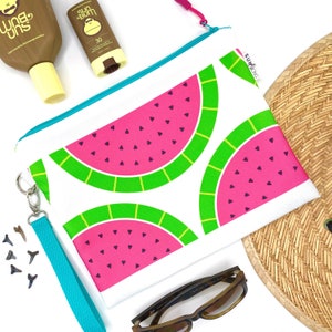 Bolsa de biquíni de melancia, bolsa úmida resistente à água, bolsa com zíper de frutas, bolsa de praia reciclada, presente de verão para ela, bolsa ecológica, bolsa de maquiagem
