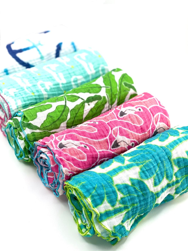 Banana Leaf Organic Cotton Muslin Baby Blanket. Unisex Tropical