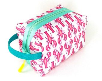 Pink Lobster Waterproof Boxy Toiletry Bag for Women. Nautical Travel Dopp Kit. Tropical Fish Recycled Canvas Square Zipper Pouch with Handle