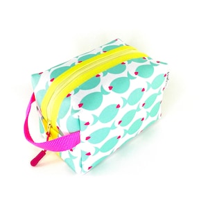 Aqua Fish Lips Recycled Canvas Boxy Toiletry Bag. Beach Design Waterproof Travel Dopp Kit for Girls. Tropical Fish Zipper Pouch with Handle.