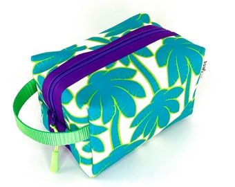 Turquoise Palm Tree Waterproof Boxy Toiletry Bag for Women. Travel Dopp Kit for Girls. Tropical Waterproof Canvas Zipper Pouch with Handle.