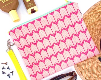 Coral Geometric Wet Bag, Pink Waterproof Bikini Bag, Chevron Beach Zipper Pouch, Pink Recycled Canvas Clutch, Handmade Mothers Day Gift