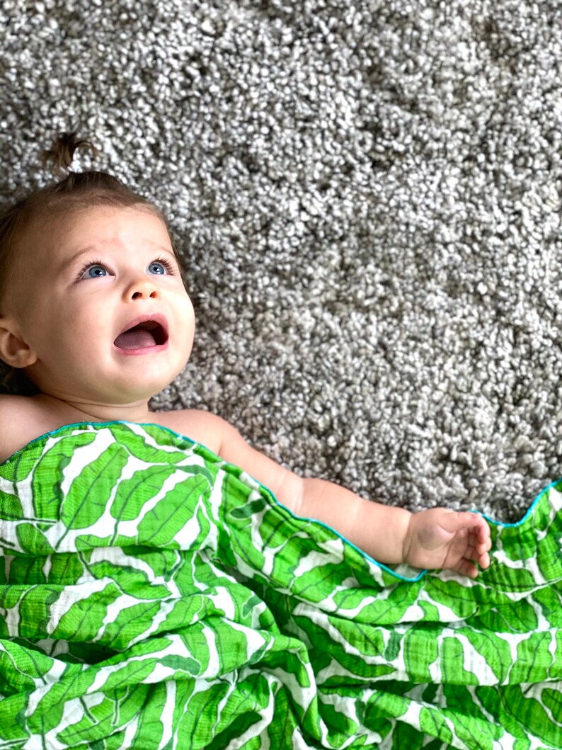 Banana Leaf Organic Cotton Muslin Baby Blanket. Unisex Tropical