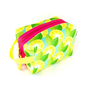 Yellow Lemon Waterproof Travel Toiletry Kit for Women. Vegan Dopp Kit. Colorful Fruit Recycled Canvas Pouch with Handle. Gifts for Sister.