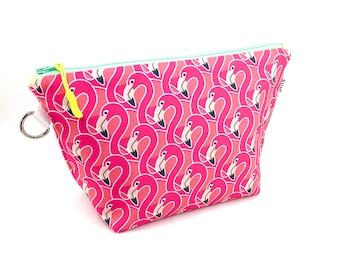 Flamingo Large Cosmetic Bag. Pink Waterproof Makeup Bag. Recycled Canvas Standing Zipper Pouch. Tropical Travel Make Up Pouch. Gift for Her.