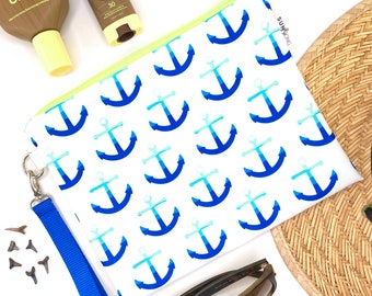 Blue Anchors Wet Bag. Navy Waterproof Boat Bag. Nautical Zipper Pouch. Boy Mom Diaper Bag. Anchor Beach Bag. Handmade Gift for Boat Lover.