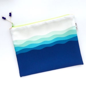 Waves Bikini Bag, Blue Waterproof Wet Bag, Beach Bag Zipper Pouch, Recycled Canvas Clutch, Wipe-able Handmade Gift for Mom, Water Diaper Bag image 2