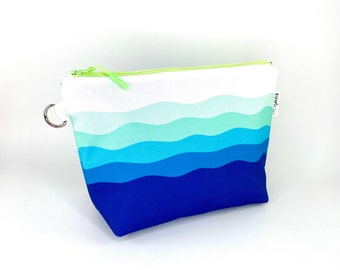 Waves Waterproof Make up Bags. Large Navy Blue Cosmetics Bag. Large Beach Theme Zipper Pouch.