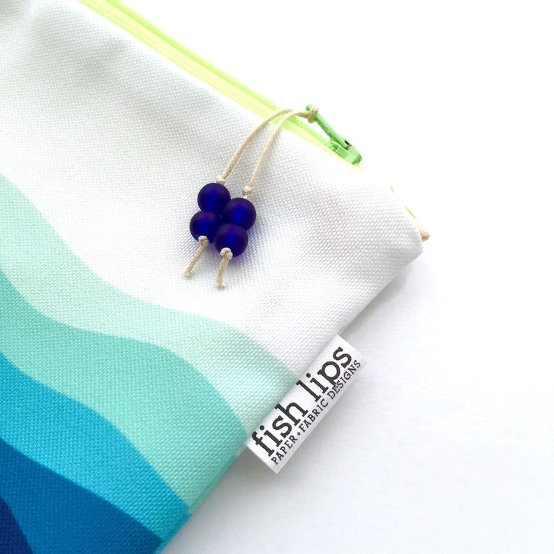 Waves Bikini Bag, Blue Waterproof Wet Bag, Beach Bag Zipper Pouch, Recycled Canvas Clutch, Wipe-able Handmade Gift for Mom, Water Diaper Bag image 1