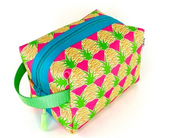 Pink Aloha Pineapple Waterproof Travel Toiletry Kit for Women. Waterproof Vegan Dopp Kit for Girls. Bright Recycled Canvas Pouch with Handle