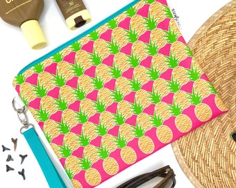 Pink Pineapple Waterproof Bikini Bag Gift For Mom. Aloha Hawaii Zipper Wet Bag. Vegan Travel Pouch. Fuchsia Beach Cloth Diaper Bag.