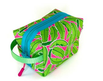 Pink Banana Leaf Waterproof Boxy Toiletry Bag for Women.  Vegan Toiletry Kit for Woman. Colorful Gifts for Her. Travel Essentials for Girls.