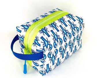 Blue Lobster Waterproof Boxy Toiletry Bag for Women. Nautical Travel Dopp Kit. Tropical Recycled Canvas Square Zipper Pouch with Handle.