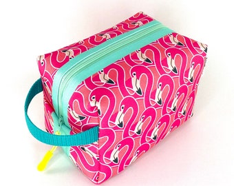 Pink Flamingo Waterproof Boxy Toiletry Bag for Women.  Beachy Toiletry Kit for Woman. Colorful Gifts for Her. Flamingo Canvas Bag for Girls.