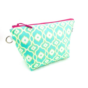 Aqua & Yellow Waterproof Makeup Bag. Large Geometric Cosmetic Bag. Blue Standing Zipper Pouch. Travel Essential. Gift for Sister in Law. image 1