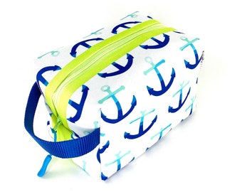 Navy Anchor Waterproof Canvas Toiletry Bag for Women. Nautical Blue Dopp Kit for Her. Vegan Travel  Essentials Zipper Bag with Handle.