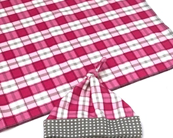 Pink Buffalo Check Newborn Blanket, Girl Plaid Swaddle + Hat Set, Fall Nursing Cover, Southern Newborn Girl Gift, Lumberjack Baby Shower