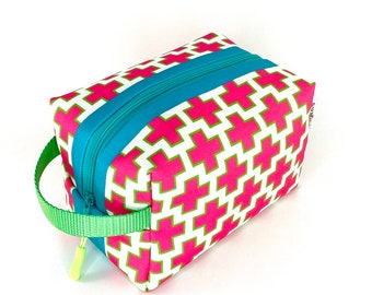 Pink Swiss Cross Waterproof Boxy Toiletry Bag for Women.  Modern Plus Sign Toiletry Kit for Girls. Vegan Gifts for Her. Geometric Canvas Bag