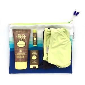 Waves Bikini Bag, Blue Waterproof Wet Bag, Beach Bag Zipper Pouch, Recycled Canvas Clutch, Wipe-able Handmade Gift for Mom, Water Diaper Bag image 3