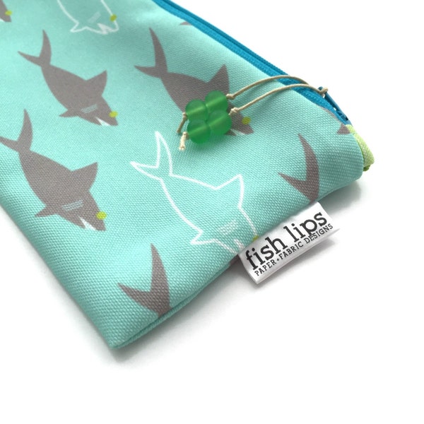 Sharks Recycled Zipper Pouch, Blue Boys Eco Pencil Bag + Glass Bead Tassel, Handmade Boys Bag, Sustainable Case, Turquoise Waves, Green