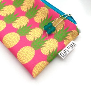Pineapples Recycled Zipper Pouch, Designer Storage Bag + Glass Bead Tassel, Handmade Bridesmaid Gift, Pink + Yellow, Tropical  Beach Bag