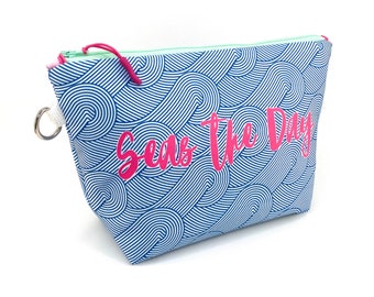 Seas The Day Waterproof Make up Bag. Large Navy & Pink Cosmetic Bag. Blue Waves Standing Zipper Pouch. Travel Essential. Inspirational Gift.