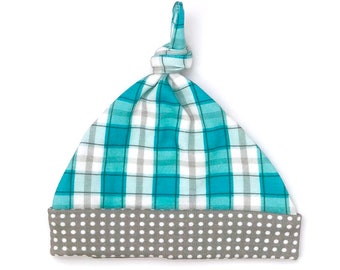 Blue Buffalo Plaid Organic Cotton Baby Hat, Geometric Newborn Top Knot Cap, Modern Check Beanie, Baby Boy Shower Gift, Southern Baby Style