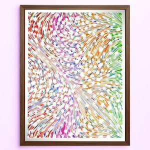 Supersonisch bloemenveld – 65 × 50 cm – origineel kunstwerk gemaakt met een penplotter in stralende, intense kleuren, op hoogwaardig Bristol-papier.