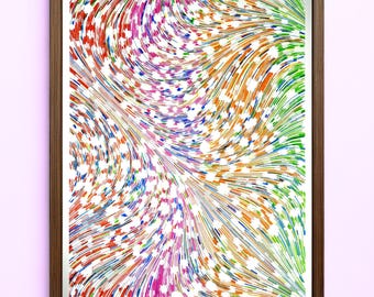 Supersonic Flower Field – 65 × 50 cm – originales Pen-Plotter-Artwork in strahlenden, intensiven Farbtönen, auf hochwertigem Bristol-Papier.