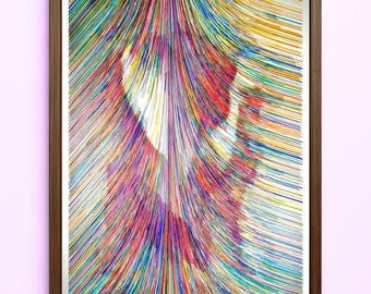 Descent – 65 × 50 cm – originales Pen-Plotter-Artwork in strahlenden, intensiven Farbtönen, auf hochwertigem Bristol-Papier.