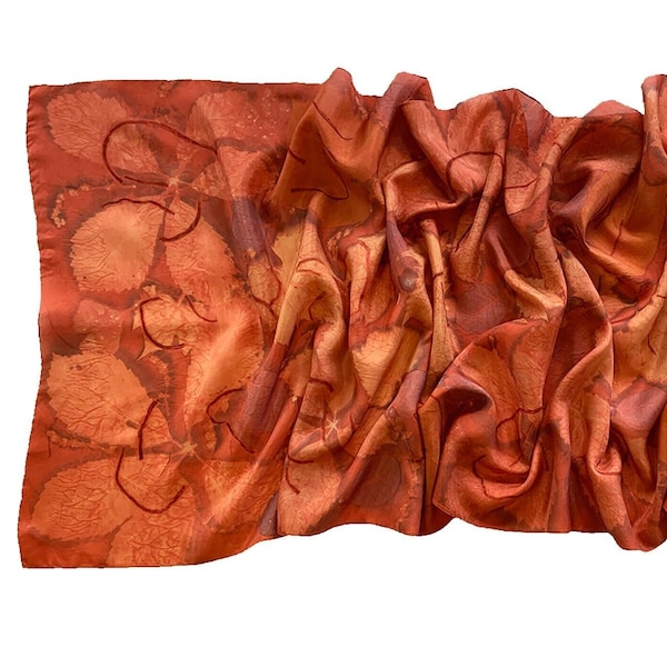 Summer Breeze. Exquisite fiery-red silk scarf/shawl dyed in Madder, eco-printed with plants