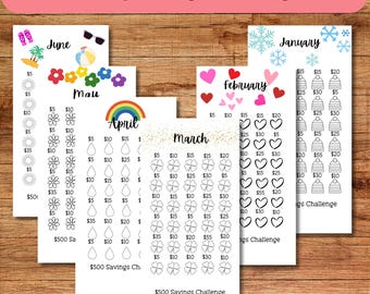 Reto de ahorro mensual de 12 meses, Retos de ahorro mensuales imprimibles, Retos financieros, Rastreador de presupuesto A6, Presupuesto en efectivo
