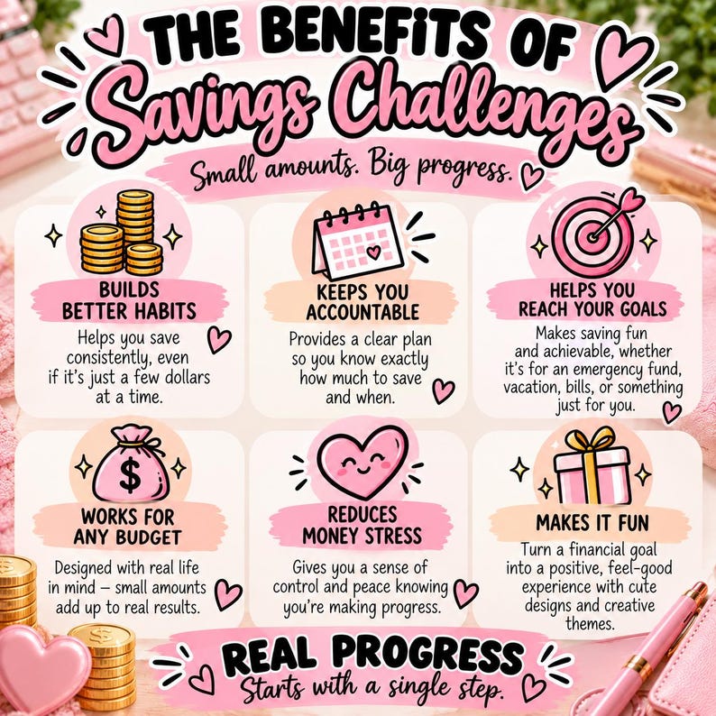 K&ouml;nnte beinhalten: Eine Infografik mit dem Titel The Benefits of Savings Challenges und dem Untertitel Small amounts. Big progress. Sie enth&auml;lt sechs Abschnitte mit Symbolen wie M&uuml;nzen, einem Kalender, einer Zielscheibe, einem Geldsack, einem Herz und einem Geschenk.