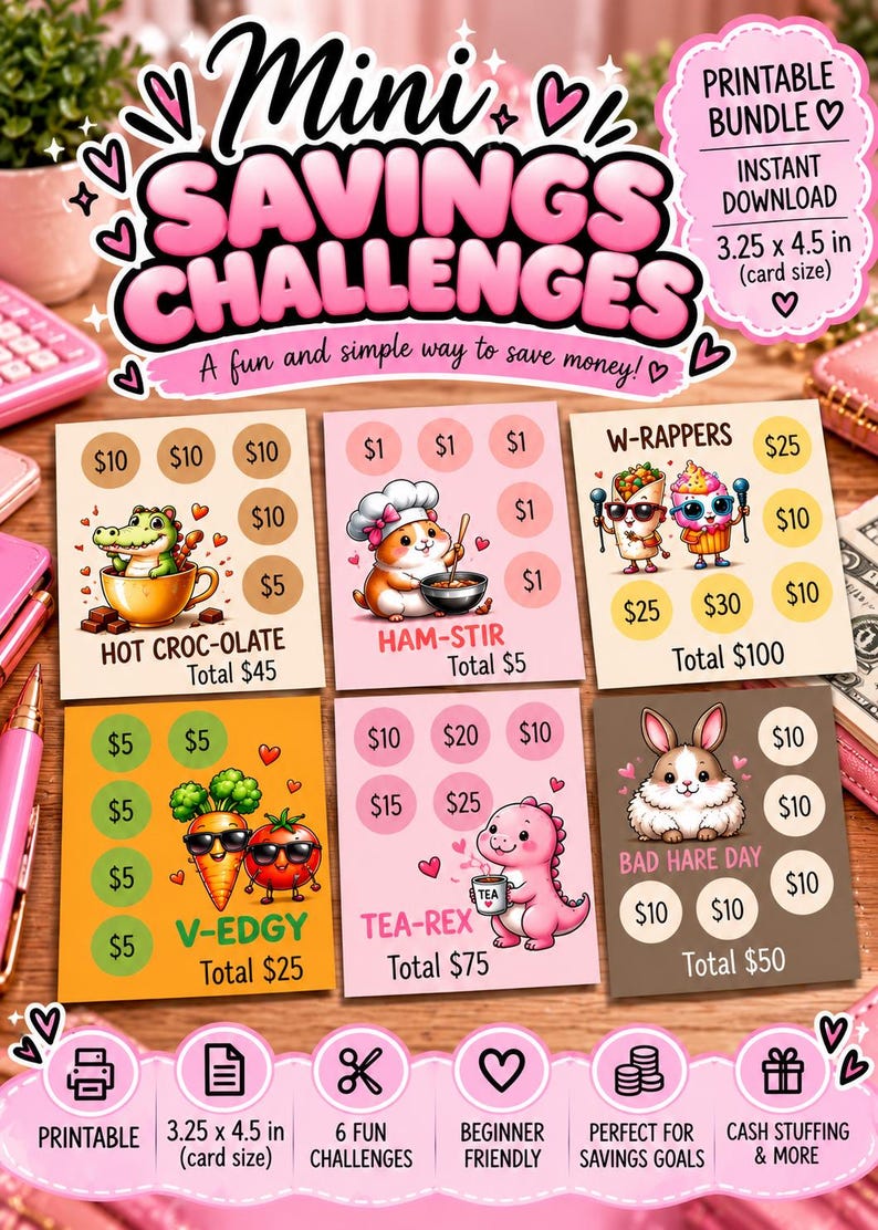 Mini Savings Challenges, Mini Savings Bundle, Tiny Savings Challenge, Low Income, Savings Trackers, Cash Stuffing, Money Challenge image 1